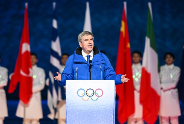 2月20日晚，国际奥委会主席巴赫在北京第二十四届冬季奥林匹克运动会闭幕式上致辞。新华社记者李尕摄